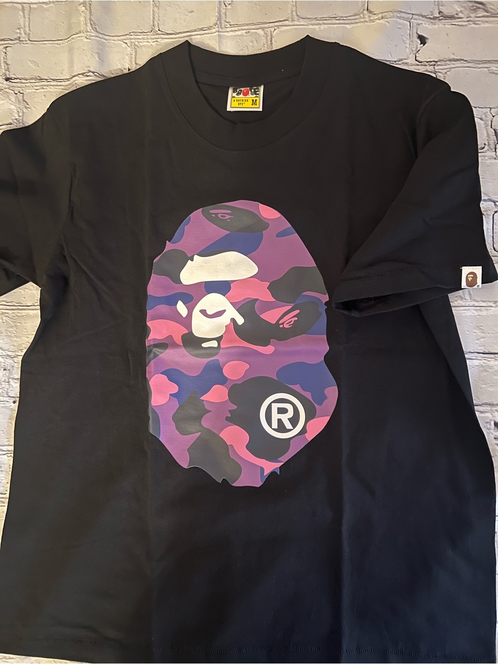 Bape Black Tee with Purple & Pink Camo Ape Head